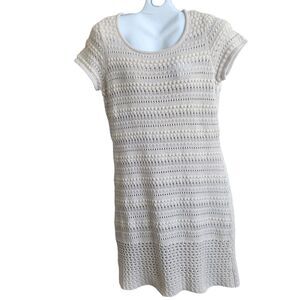 Daisy Fuentes Dress L Oatmeal Knit Crochet Lined Knee Length Coastal Boho Luxe